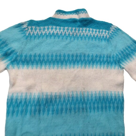 Vintage 1960s Turquoise Blue White Fair Isels Snow Flake Mock Turtleneck Sweater - Picture 7 of 10